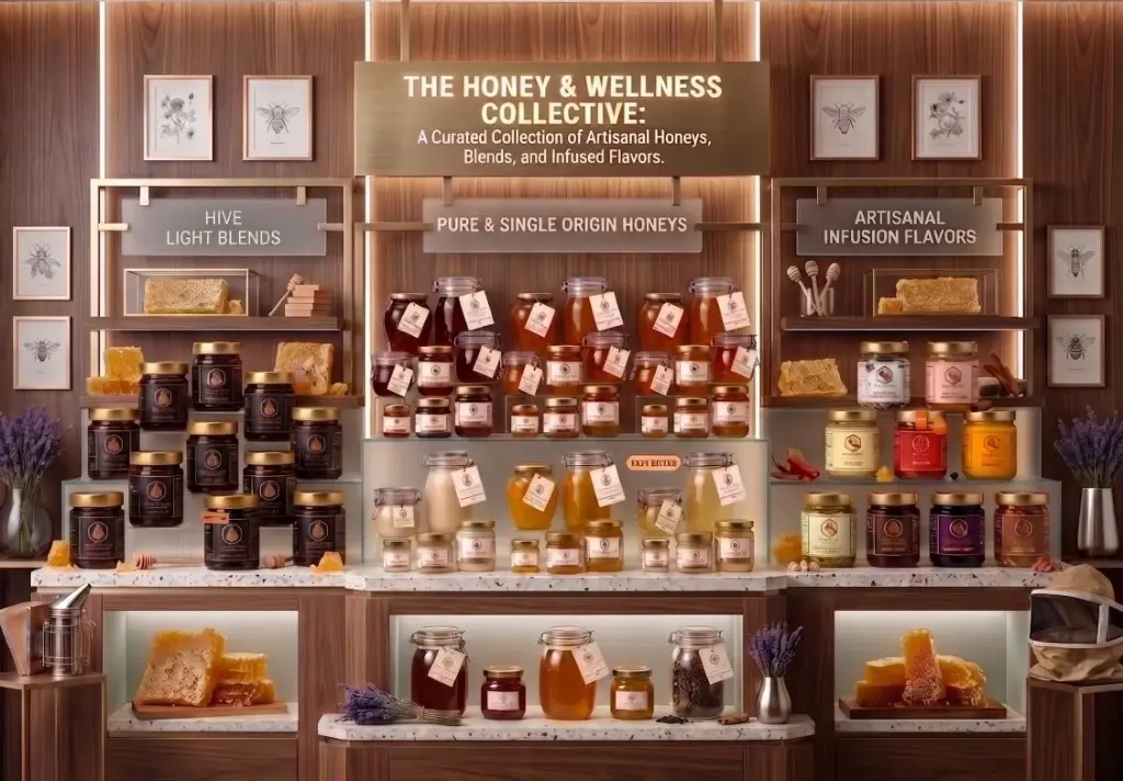 The Honey and Wellness Collective — curated artisanal honeys, blends, and infused flavours on display